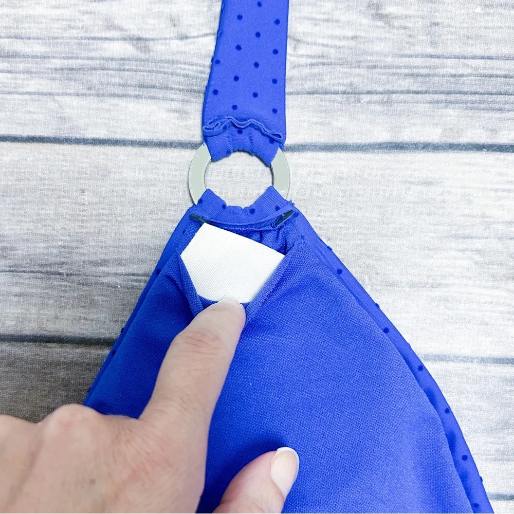 Skye Cobalt Blue Velveteen Polka Dot Halter Wireless Rings Bikini Top NWT Small